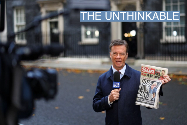 A 9NEWS reporter holds a copy of The Sun newspaper, with former British Prime Minister Boris Johnson on the cover, outside 10 Downing Street in London, Britain October 21, 2022.