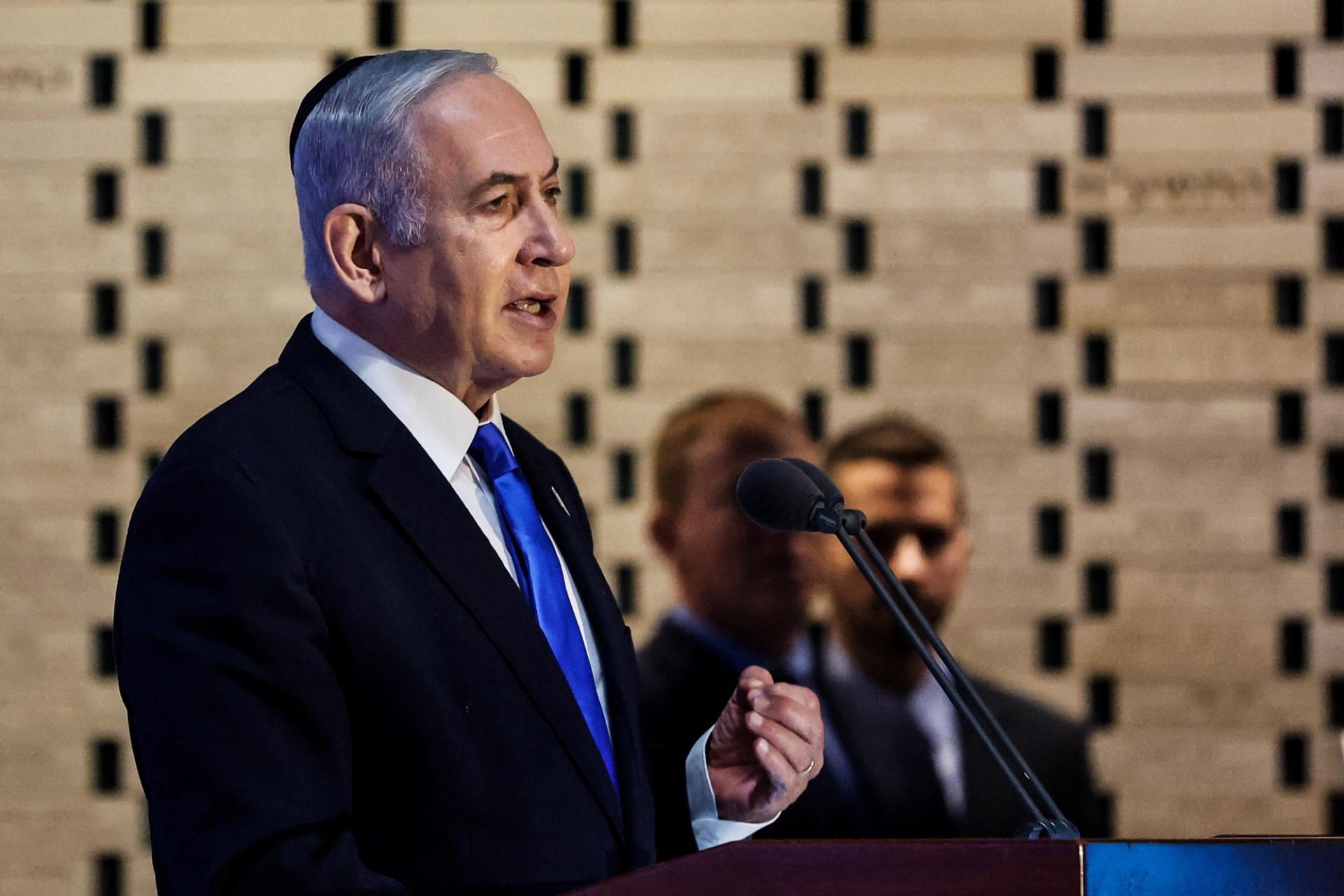 Israeli Prime Minister Benjamin Netanyahu speaks at a memorial ceremony for Israeli soldiers killed in the 1973 Middle East War at Mount Herzl Military Cemetery in Jerusalem September 26, 2023.