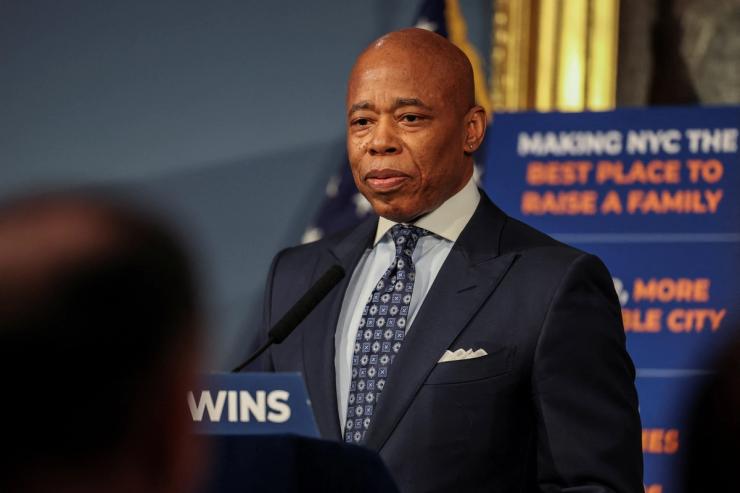 New York City Mayor Eric Adams speaks during a press conference at City Hall in Manhattan.