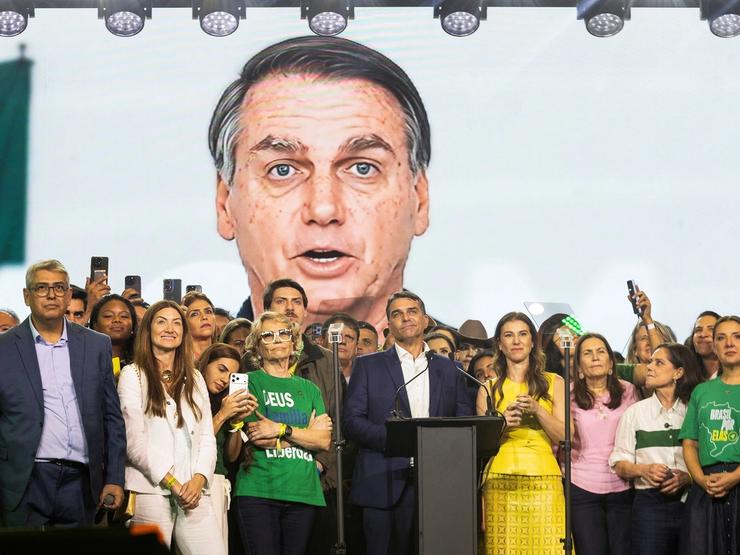 An AI generated avatar of former President of Brazil Jair Bolsonaro is displayed at a Liberal Partido rally in São Paulo, Brazil.