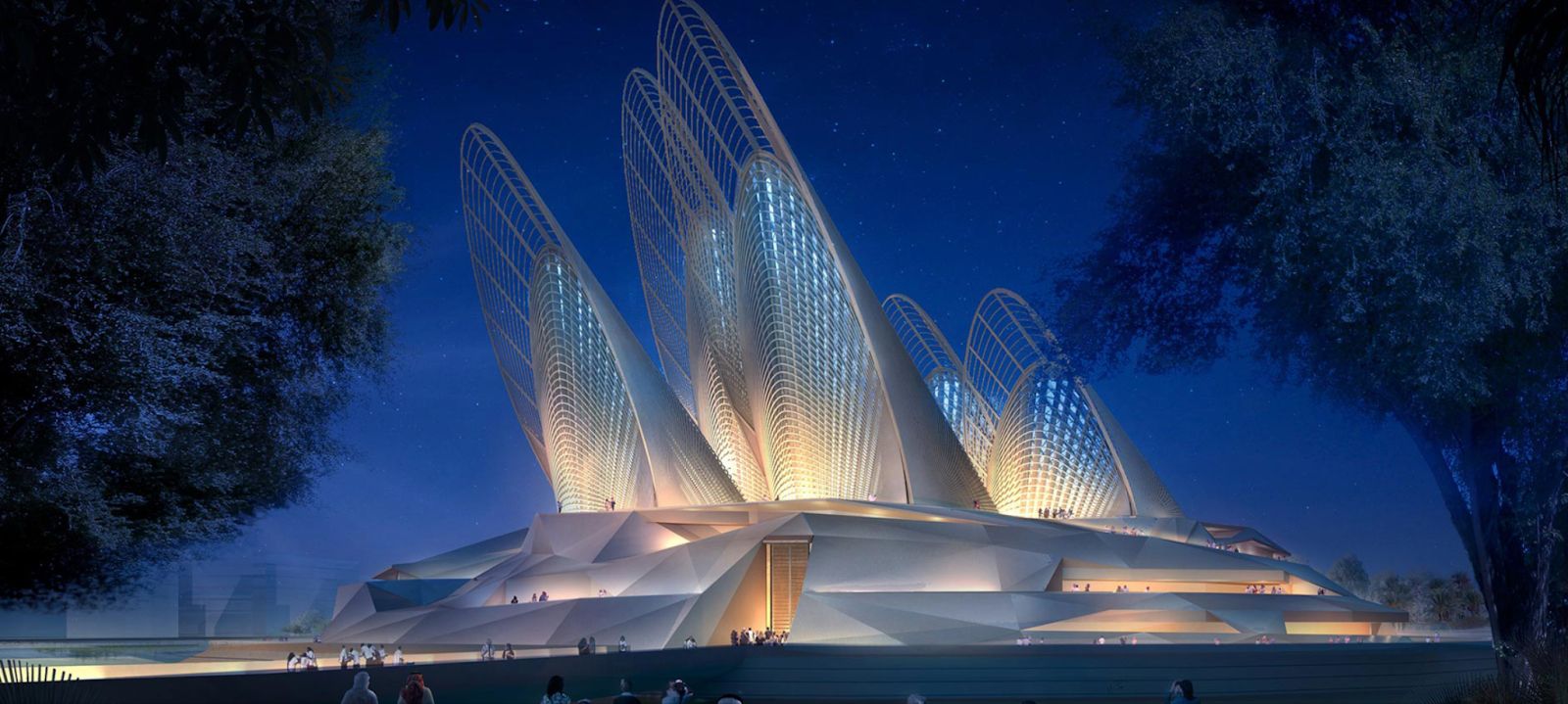 Rendering of the Zayed National Museum building, showcasing a falcon-inspired design.