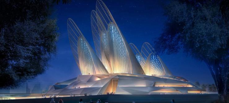 Rendering of the Zayed National Museum building, showcasing a falcon-inspired design.