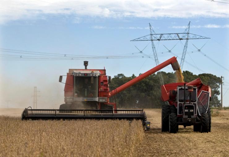 Farmers harvest soybeans in Argentina’s town of Estacion Islas.