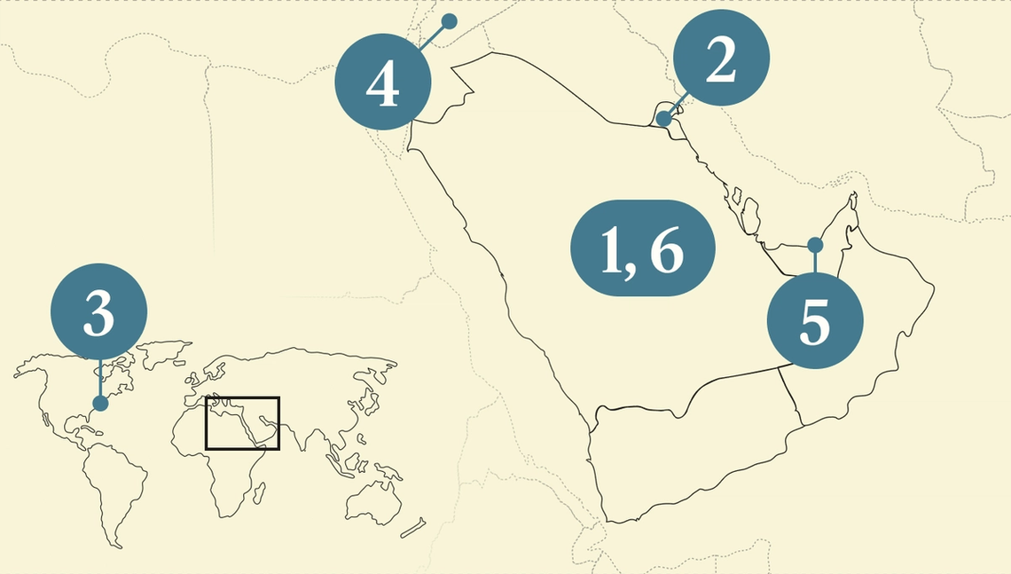 A numbered map of the Gulf region.