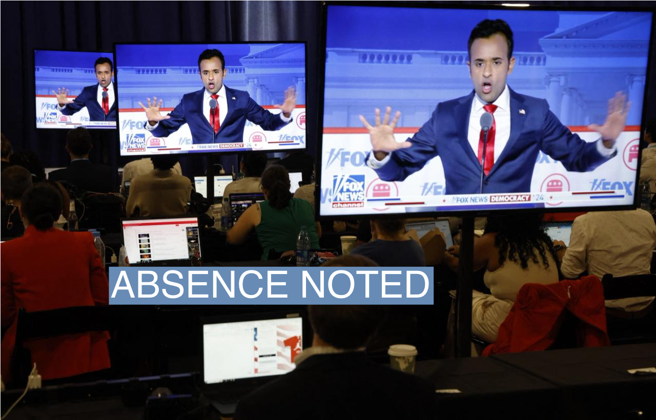 Former biotech executive Vivek Ramaswamy is seen debating on screens in the media filing center at the first Republican candidates’ debate of the 2024 U.S. presidential campaign in Milwaukee, Wisconsin, U.S. August 23, 2023. REUTERS/Jonathan Ernst