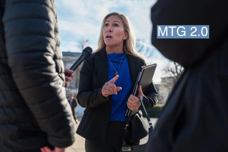 Rep. Marjorie Taylor Greene, R-Ga. talks to reporters after a press conference.