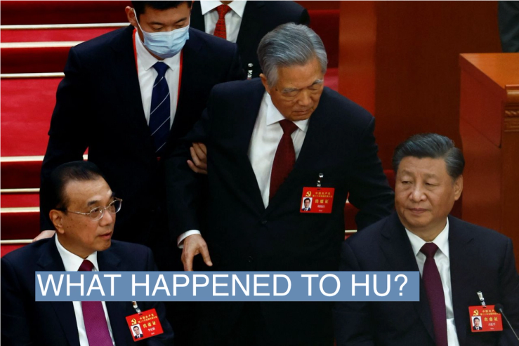 Former Chinese president Hu Jintao leaves his seat next to Chinese President Xi Jinping and Premier Li Keqiang, during the closing ceremony of the 20th National Congress of the Communist Party of China, at the Great Hall of the People in Beijing, China.