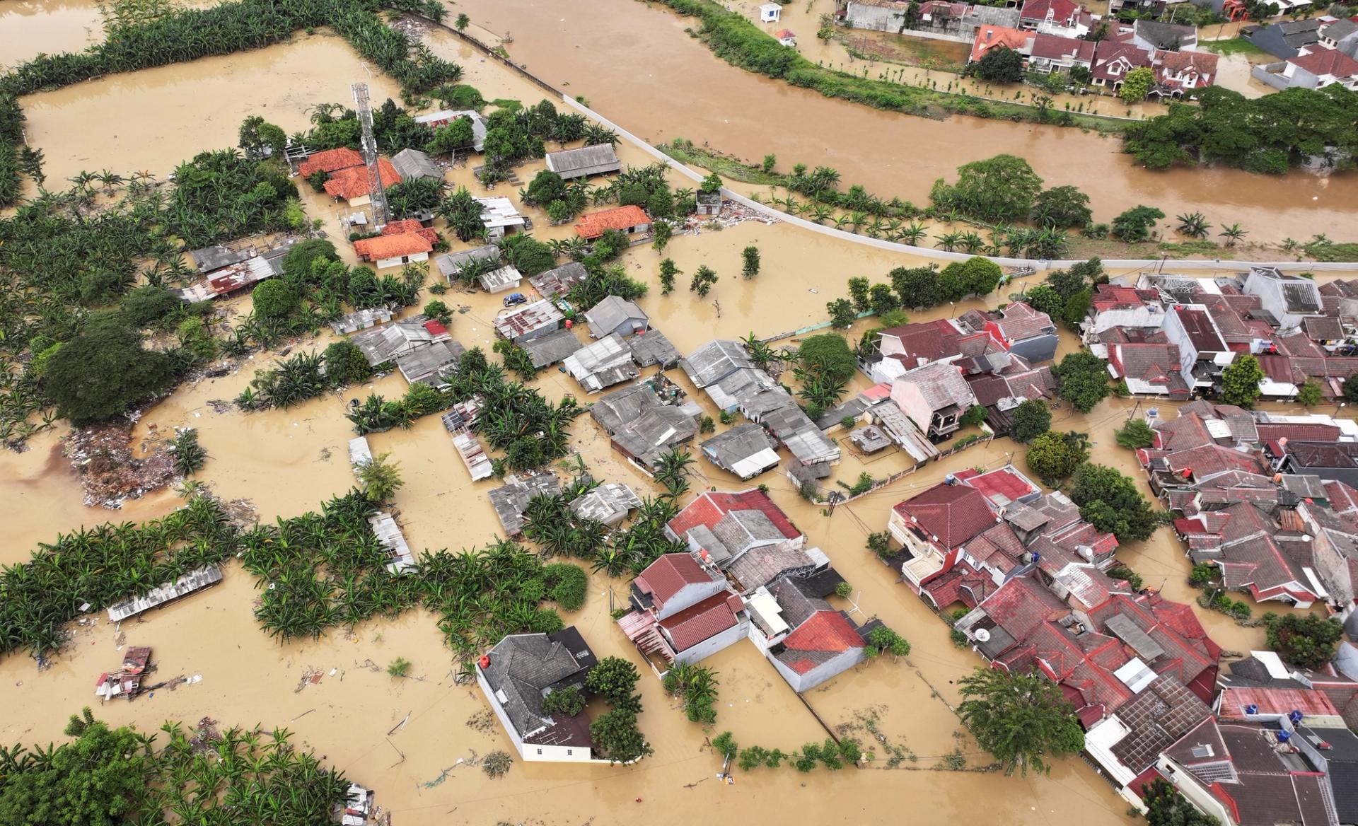 A drone view shows a flooded residential area following heavy rains in Bekasi, on the outskirts of Jakarta.