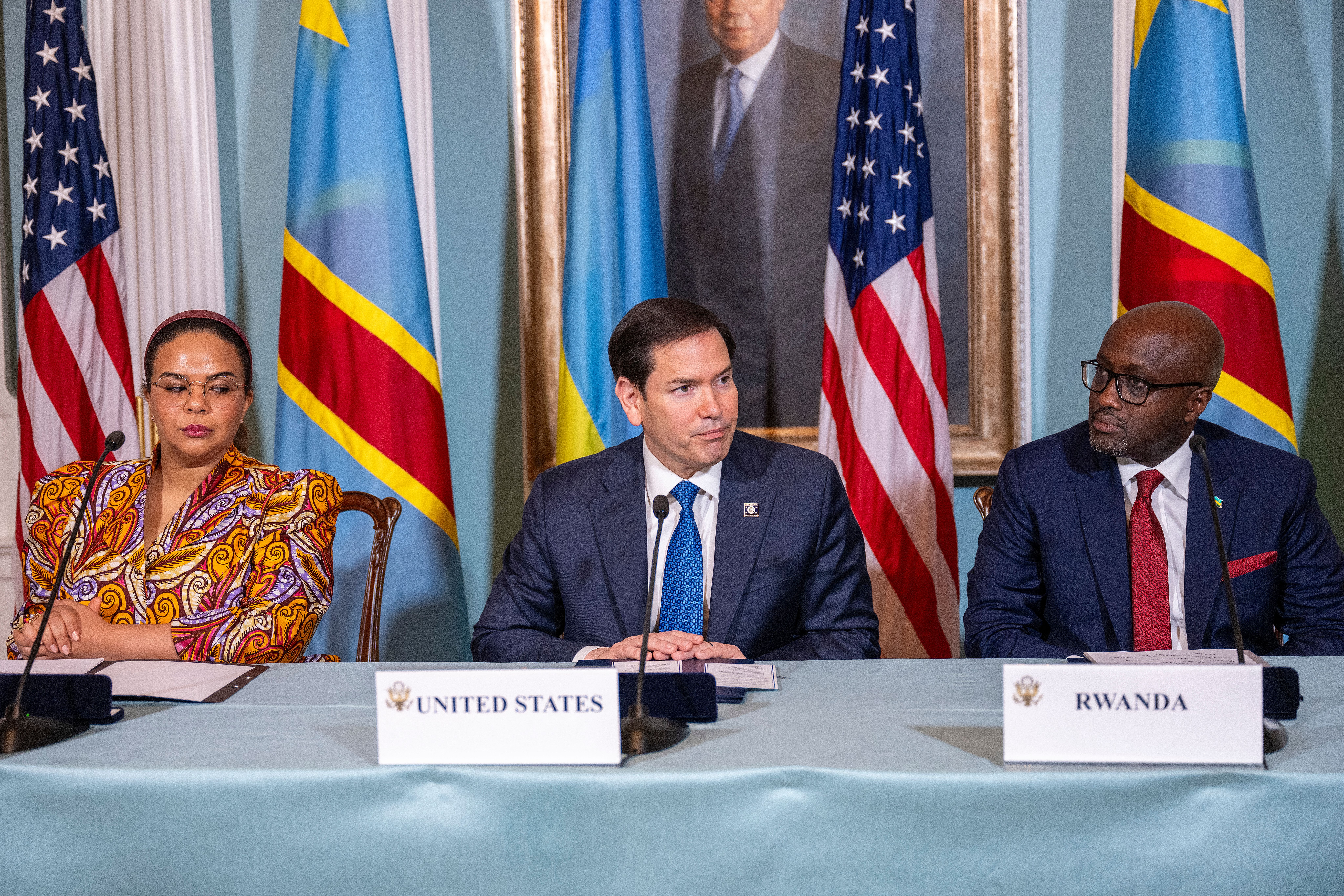 US Secretary of State Marco Rubio and Rwandan Foreign Minister Olivier Nduhungirehe and Democratic Republic of the Congo Foreign Minister Therese Kayikwamba Wagner