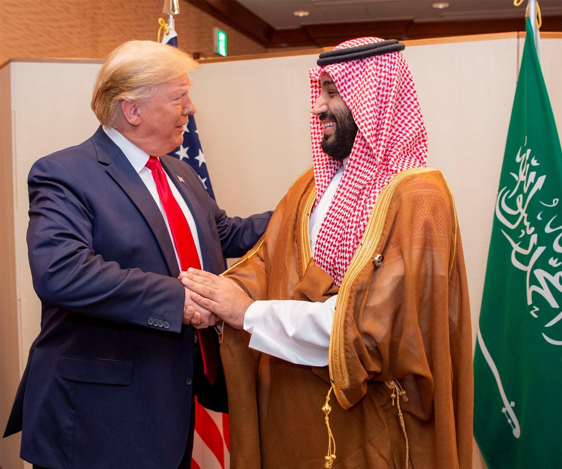 Saudi Arabia’s Crown Prince Mohammed bin Salman shakes hands with US President Donald Trump.