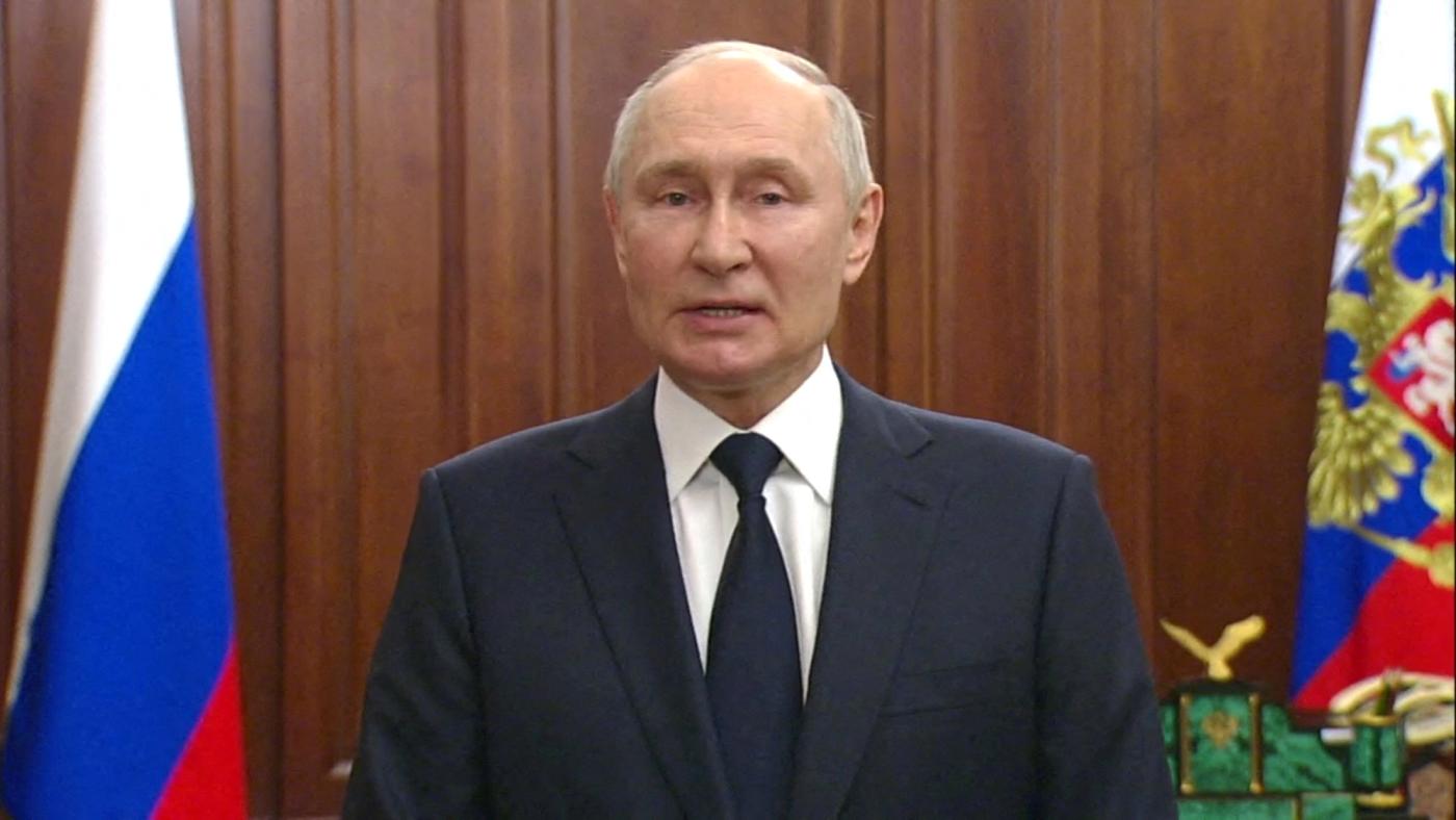 Russian President Vladimir Putin gives a televised address in Moscow, Russia, June 26, 2023, in this still image taken from video. Kremlin.ru/Handout via REUTERS 