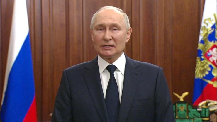 Russian President Vladimir Putin gives a televised address in Moscow, Russia, June 26, 2023, in this still image taken from video. Kremlin.ru/Handout via REUTERS