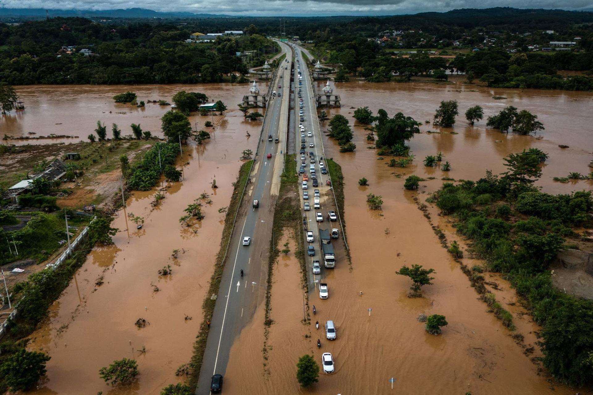 A flooded area following the impact of Typhoon Yagi, in Chiang Rai in the northern province of Thailand.