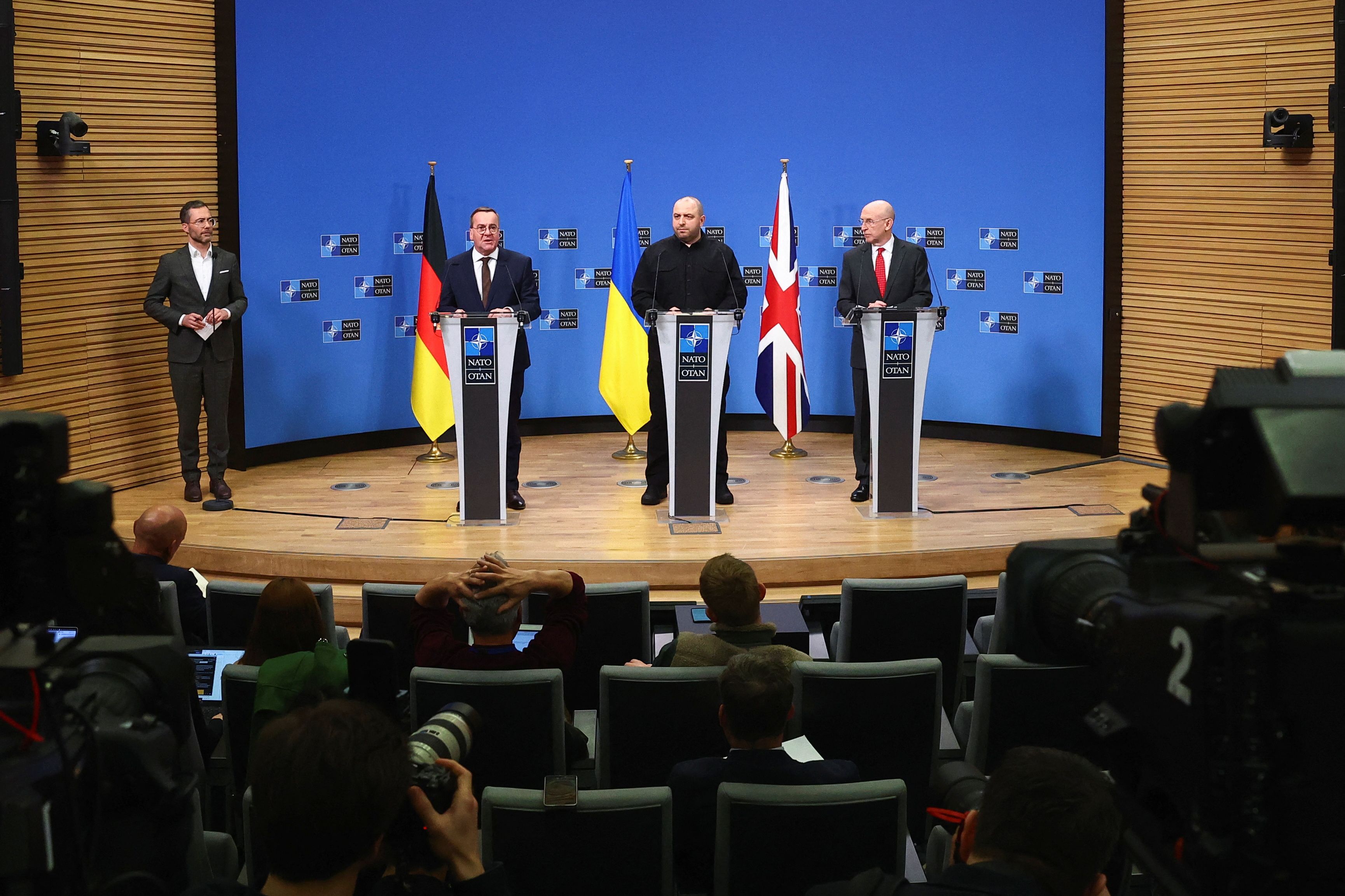 Britain’s Defence Secretary John Healey, Germany’s Defence Minister Boris Pistorius and Ukrainian Defence Minister Rustem Umerov attend a press conference during a meeting of the Ukraine Defence Contact Group convened by the United Kingdom and Germany at NATO headquarters in Brussels, Belgium April 11, 2025. 