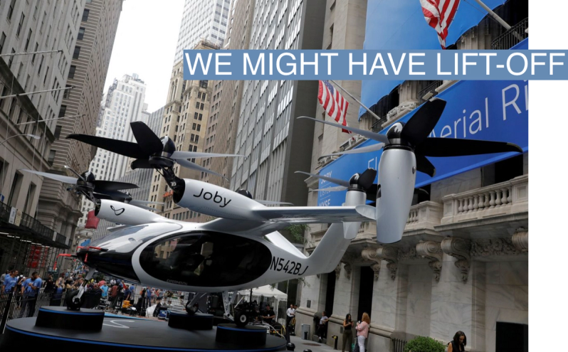 A Joby Aviation Air Taxi is seen outside of the New York Stock Exchange (NYSE) ahead of their listing in Manhattan, New York City, U.S., August 11, 2021.