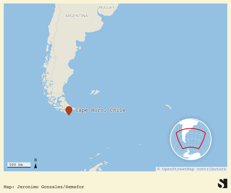 A map showing the location of the Cape Horn lighthouse.