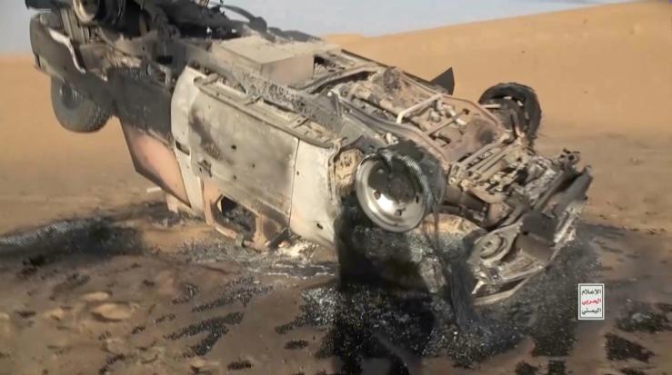 Wreckage of a vehicle in a location given as Marib Governorate, Yemen, after what Houthi military media said was the targeting of government forces’ armoured vehicles.