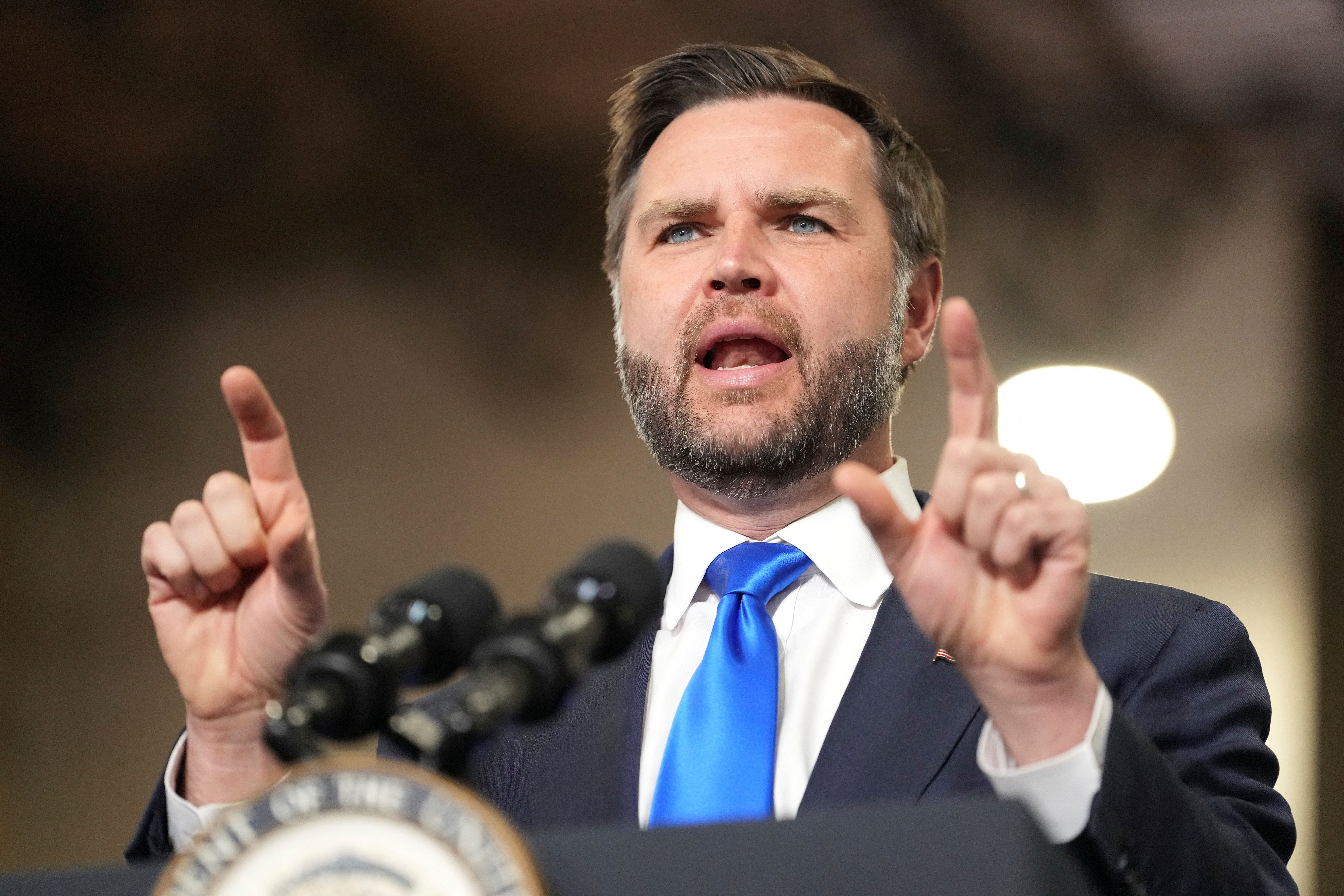 Vice President JD Vance speaks during an event at Webco Manufacturing, in Olathe, Kansas,.