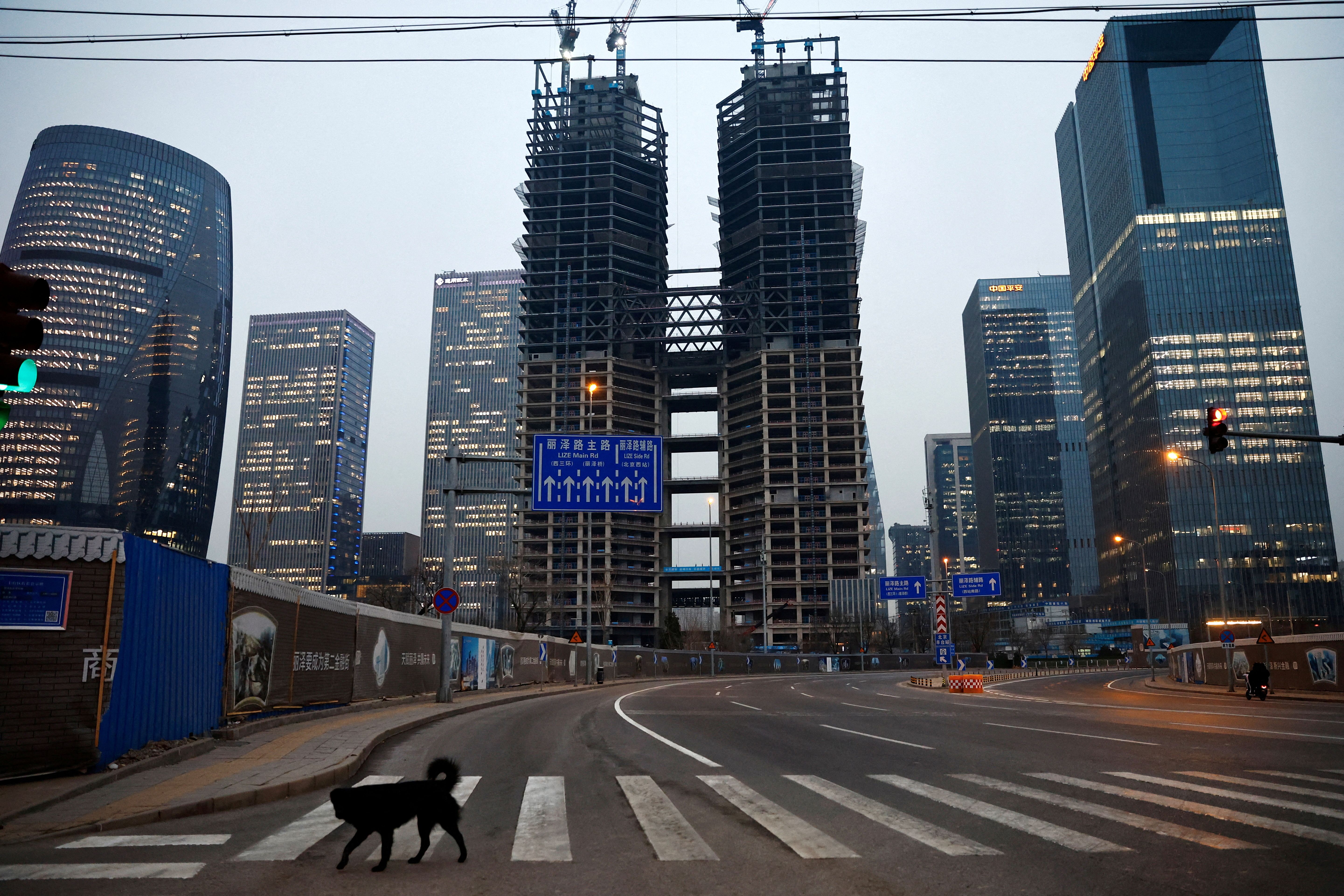 A dog crosses a road at a financial district with buildings under construction.