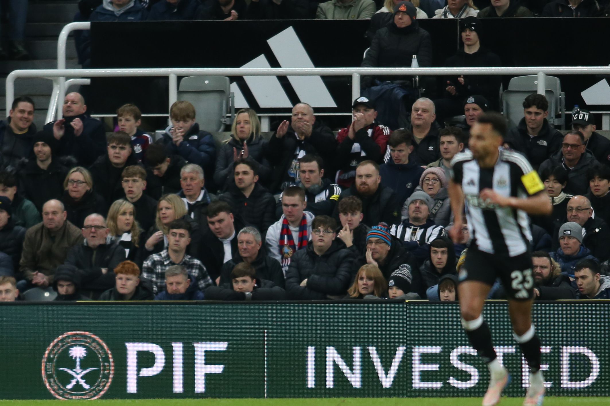 A digital advertisement for the Public Investment Fund (PIF), the Saudi Arabian movement, appears during the Premier League match between Newcastle United and Wolverhampton Wanderers.