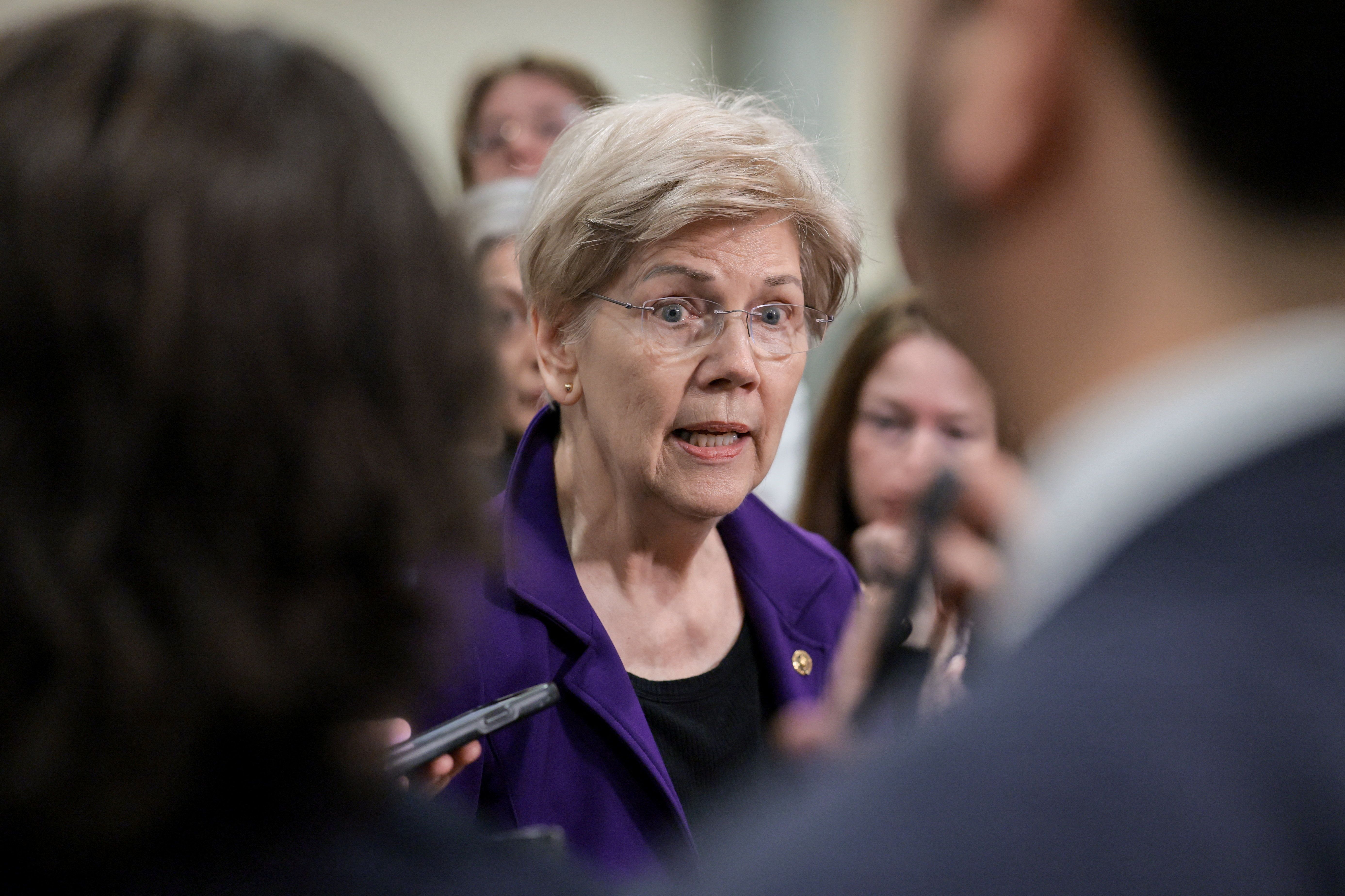 US Senator Elizabeth Warren (D-MA) speaks to reporters, on the day of classified briefings for the Senate Armed Services Committee on Operation Epic Fury and the situation in Iran, on Capitol Hill in Washington, D.C., U.S., March 10, 2026. 