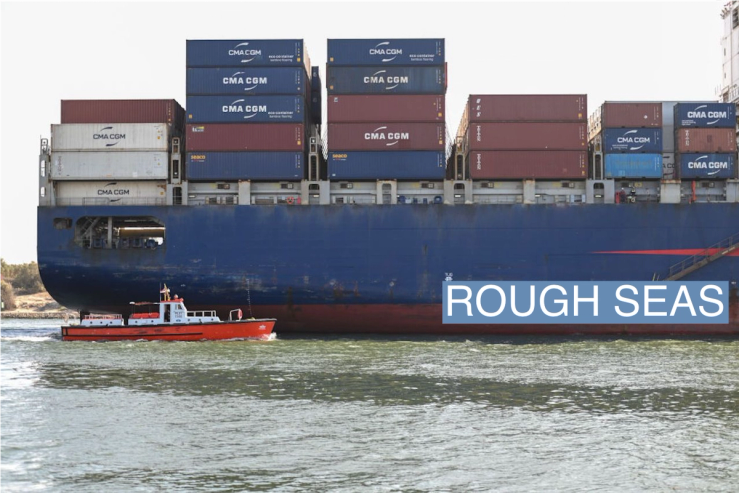 A ship transits the Suez Canal towards the Red Sea on January 10, 2024 in Ismailia, Egypt.