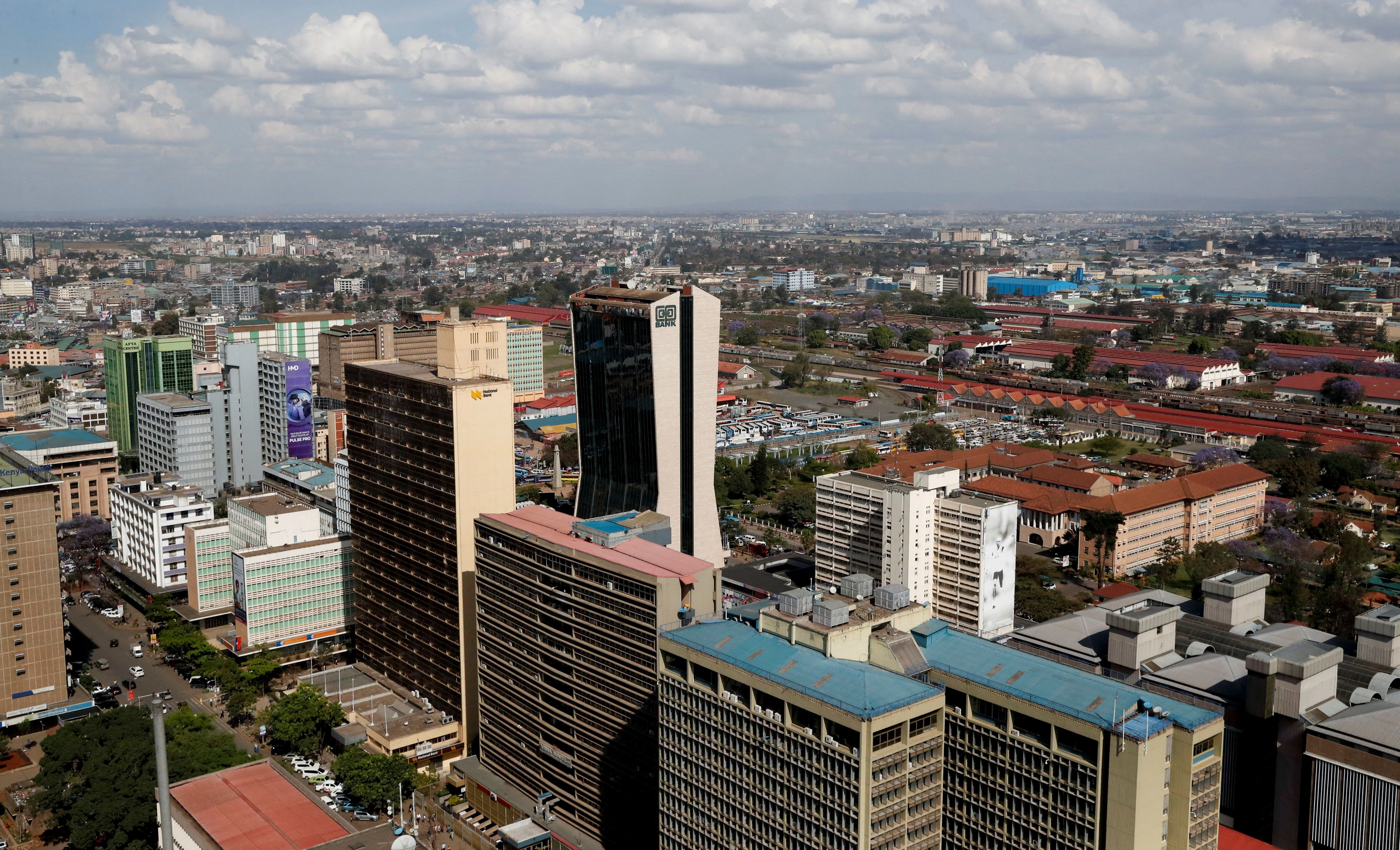 An aerial view shows the skyline of downtown in Nairobi.