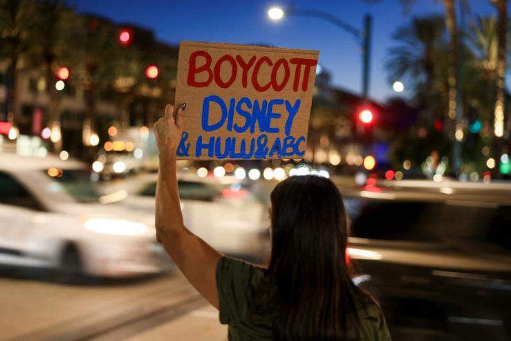A person protests Disney