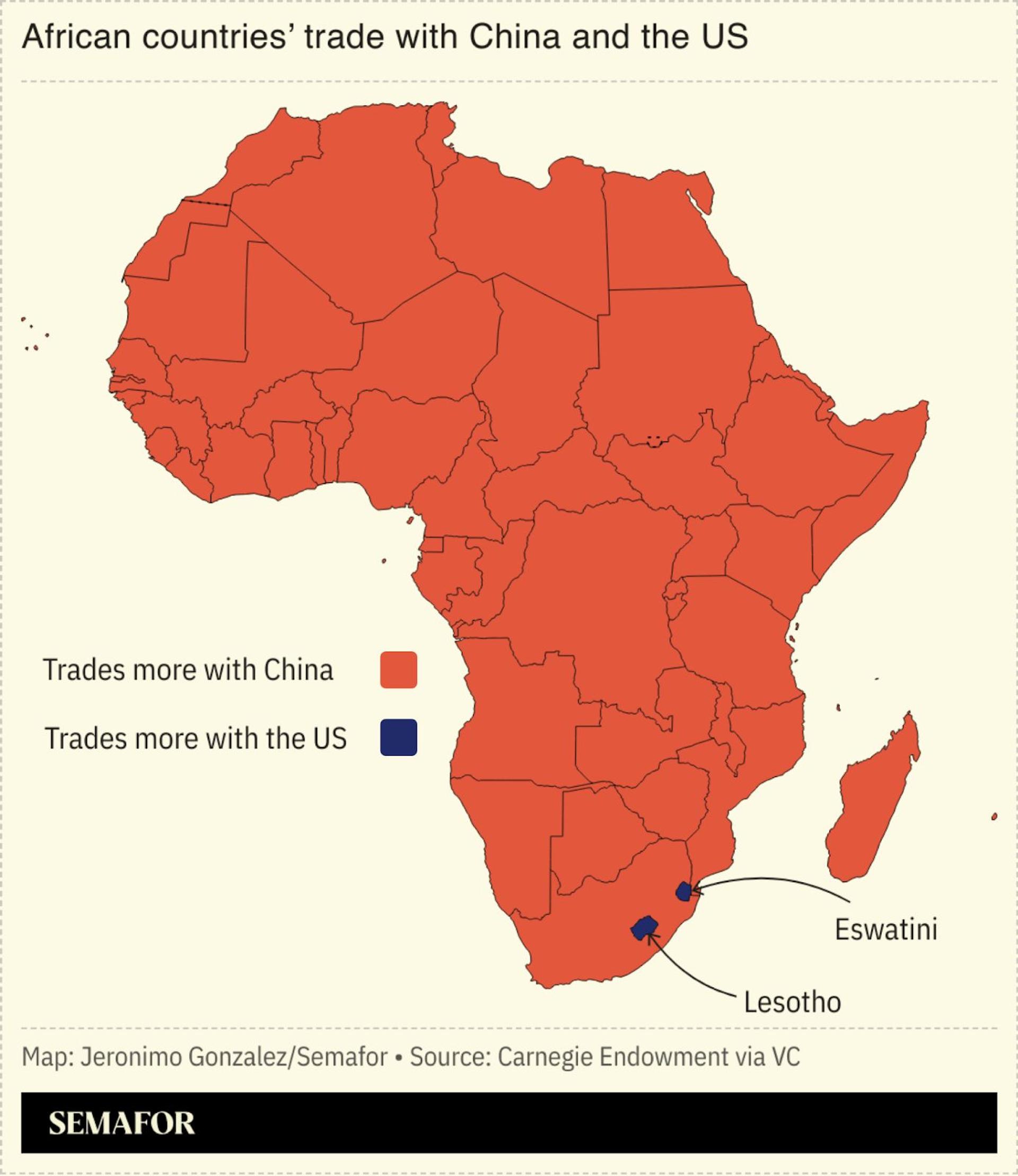 Map showing African countries’ trade with the US and China.