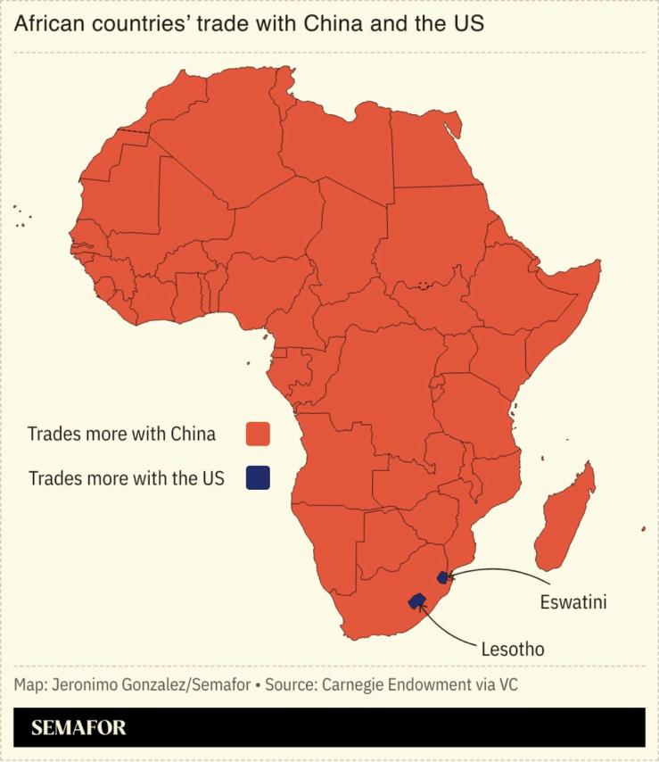 Map showing African countries’ trade with the US and China.