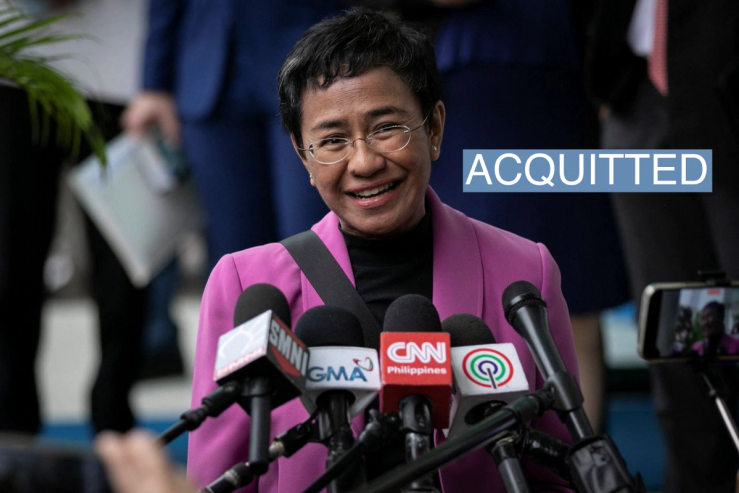 Rappler CEO and Nobel Laureate Maria Ressa speaks to the press after a Manila court acquitted her from a tax evasion case, outside the Court of Tax Appeals in Quezon City, Philippines, January 18, 2023.