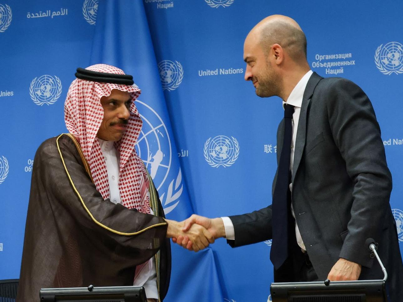 French Foreign Minister Jean-Noel Barrot and Saudi Foreign Minister Faisal bin Farhan Al-Saud, co-chairs of a United Nations high-level international conference.