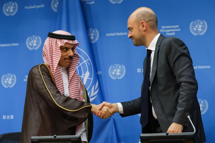 French Foreign Minister Jean-Noel Barrot and Saudi Foreign Minister Faisal bin Farhan Al-Saud, co-chairs of a United Nations high-level international conference.