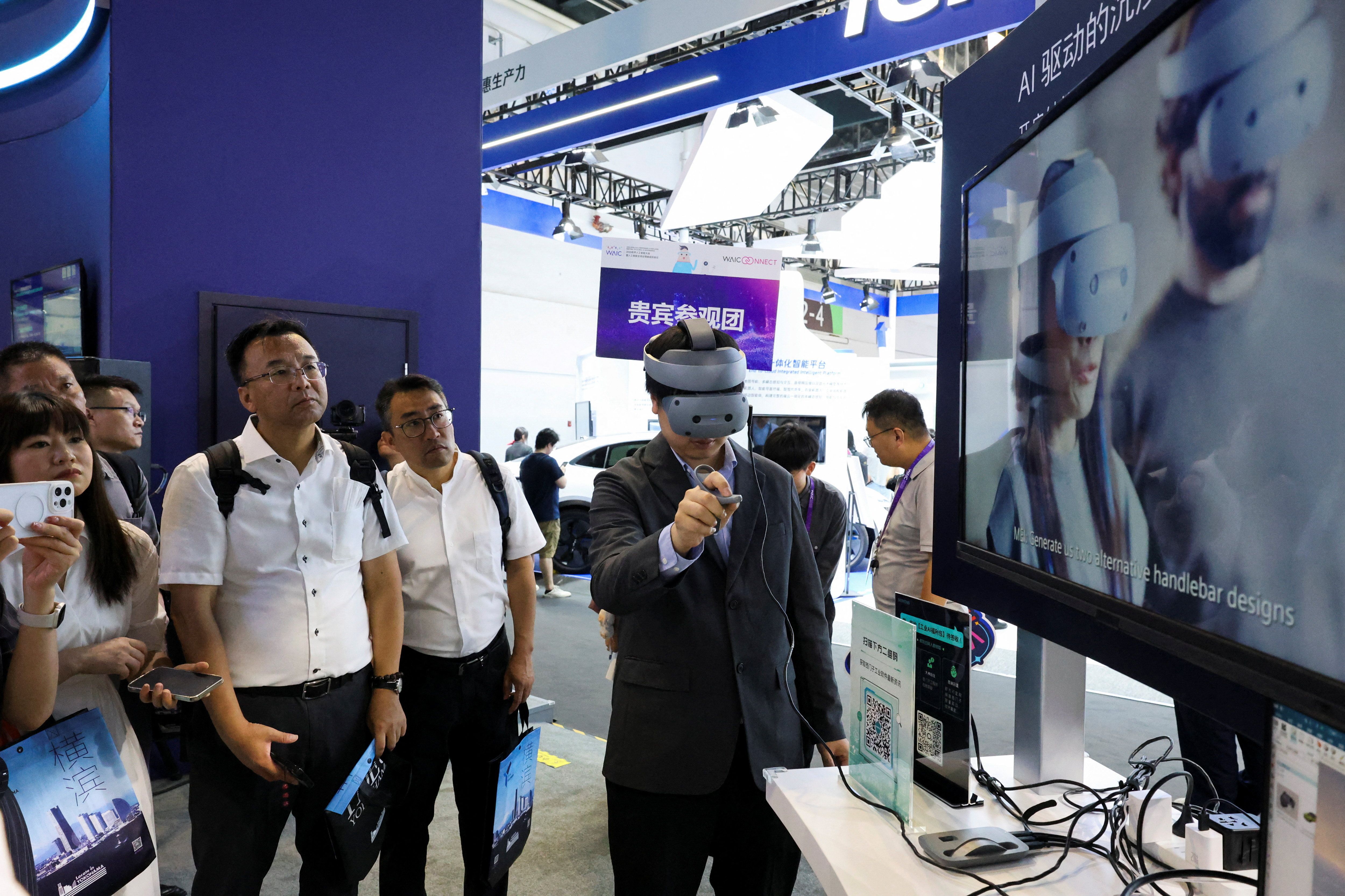 A person wears a VR headset at the  World Artificial Intelligence Conference in Shanghai.