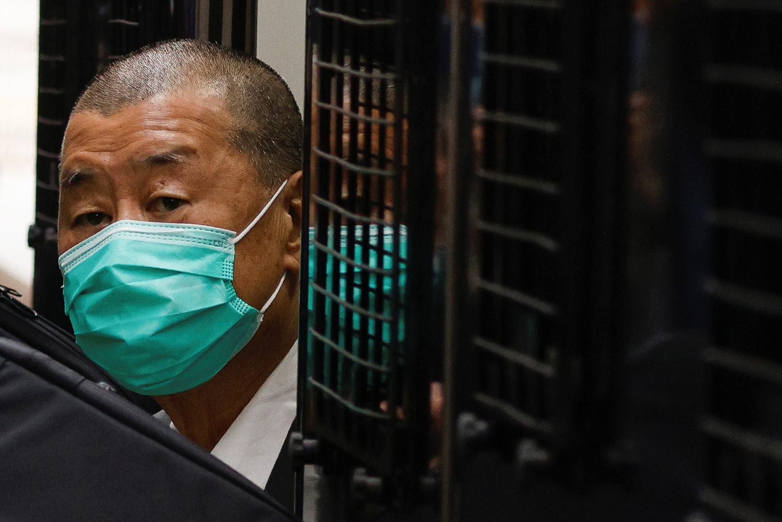 Jimmy Lai arrives at the Court of Final Appeal by prison van in Hong Kong on Feb. 9, 2021.