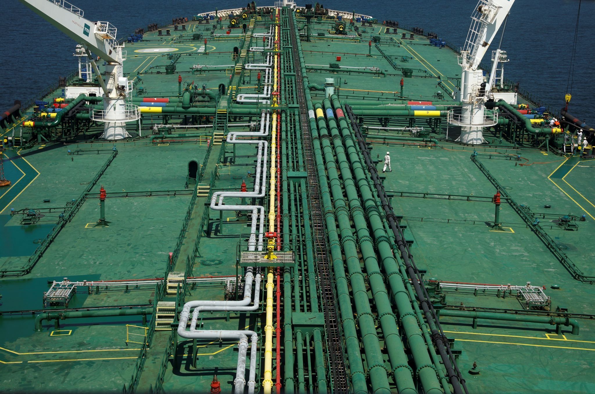  Pipelines run down the deck of Hin Leong’s Pu Tuo San VLCC supertanker in the waters off Jurong Island in Singapore July 11, 2019. 
