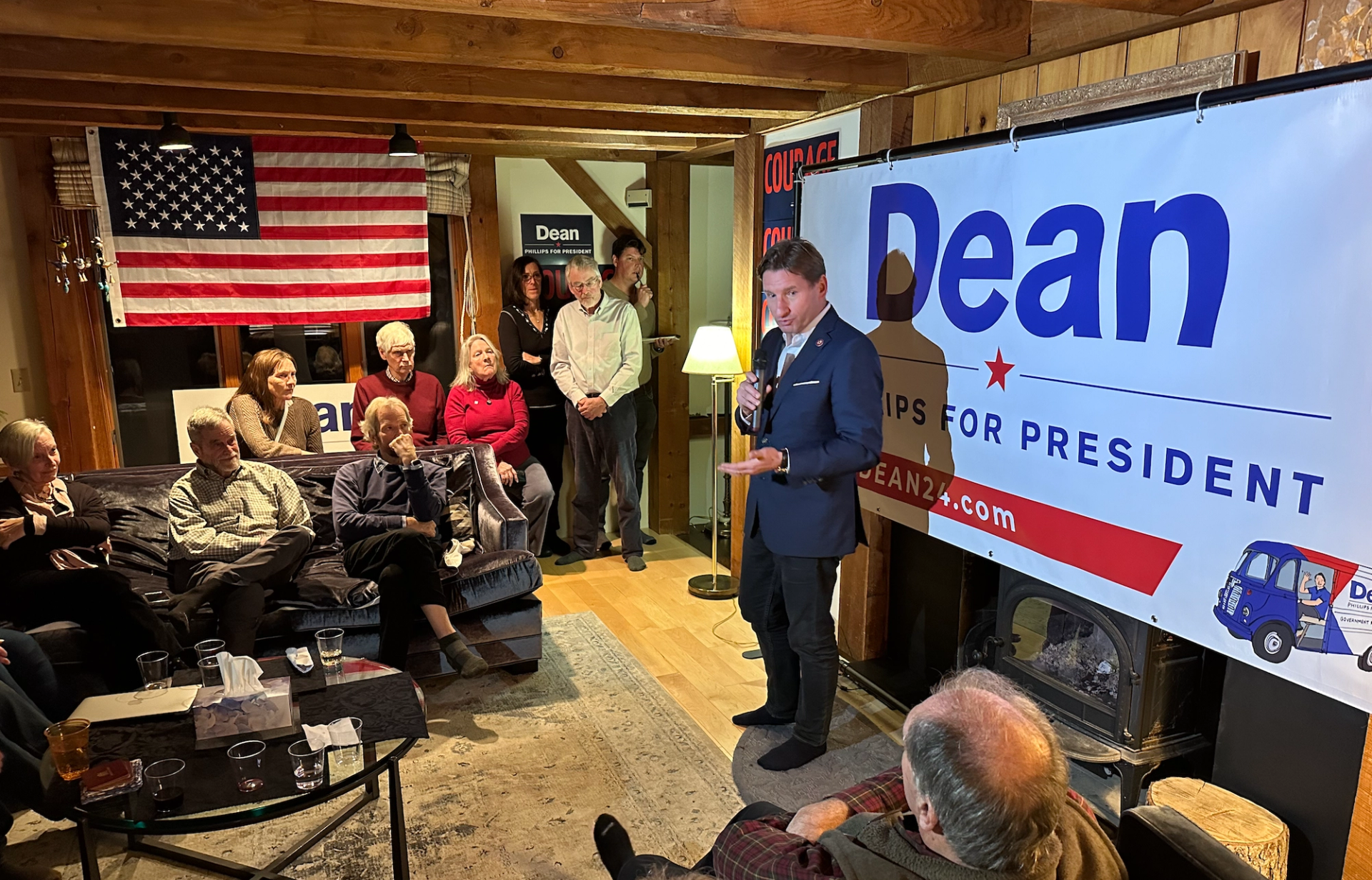 Dean Phillips campaigning at a house party before the New Hampshire primary. 