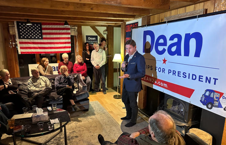 Dean Phillips campaigning at a house party before the New Hampshire primary.