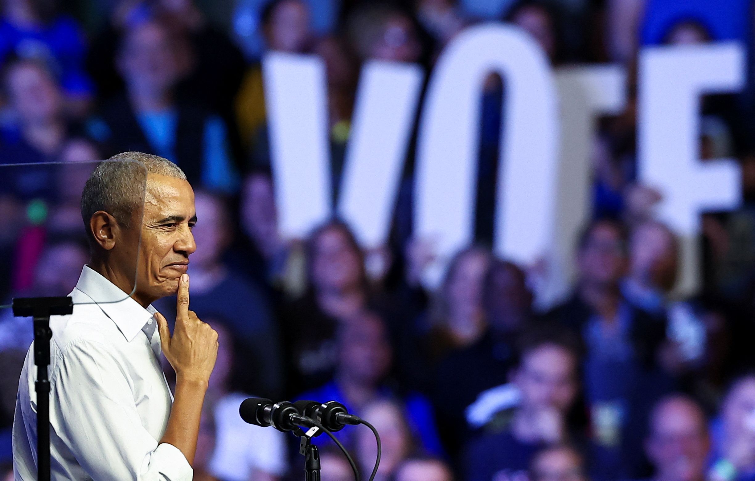 Barack Obama appears at a campaign rally for Kamala Harris during the 2024 presidential election