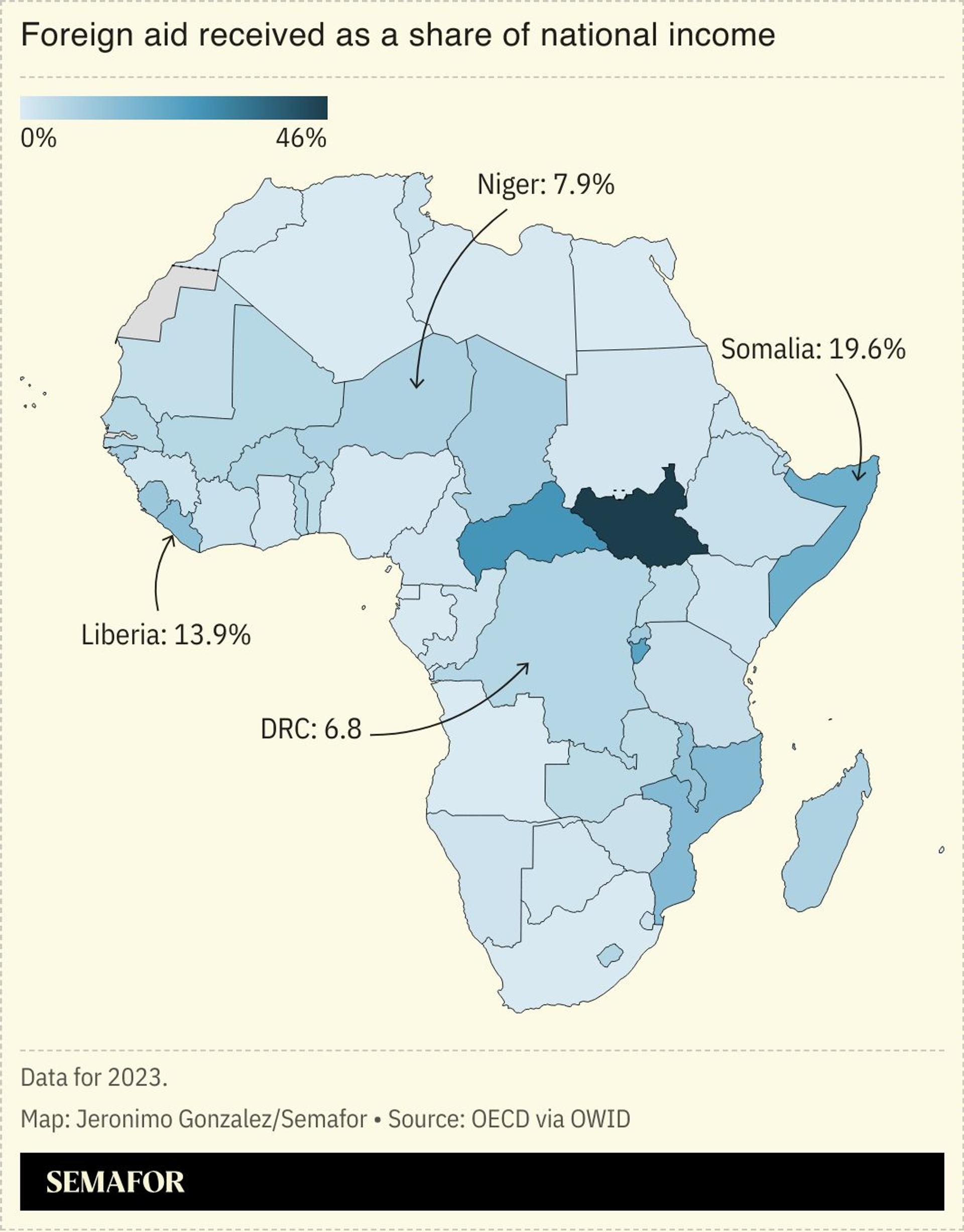 A map showing African countries by foreign aid received as a share of national income. 