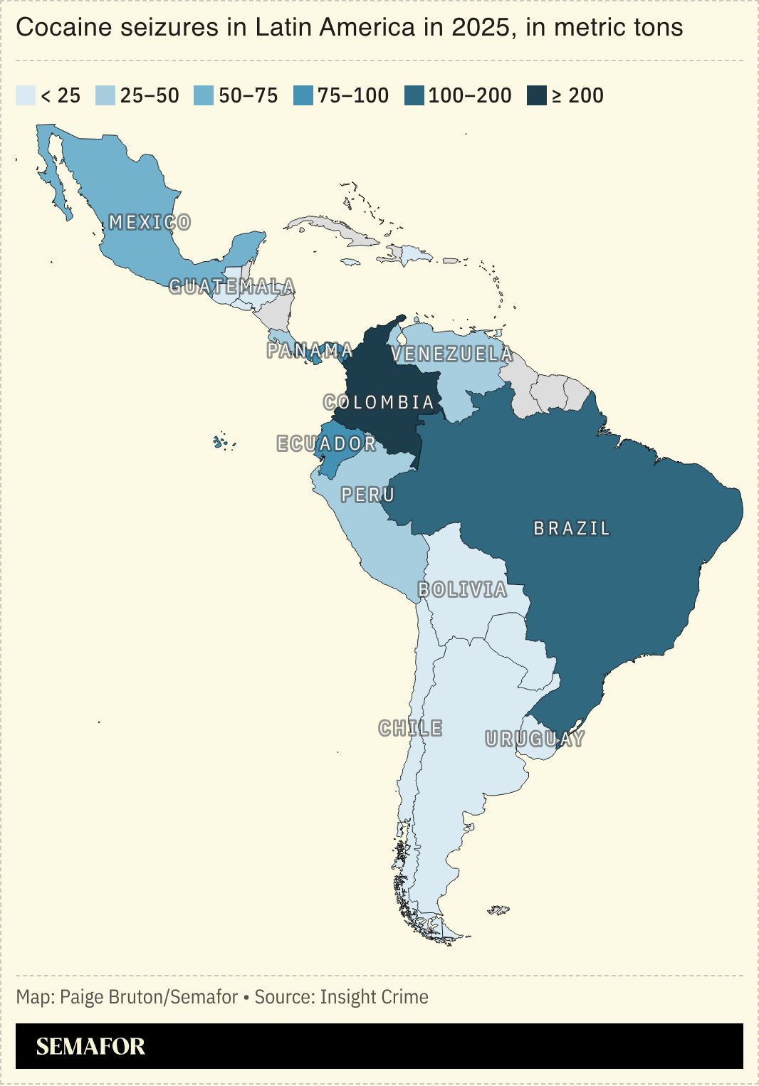 A map showing cocaine seizures in 2025 in different countries in Latin America.