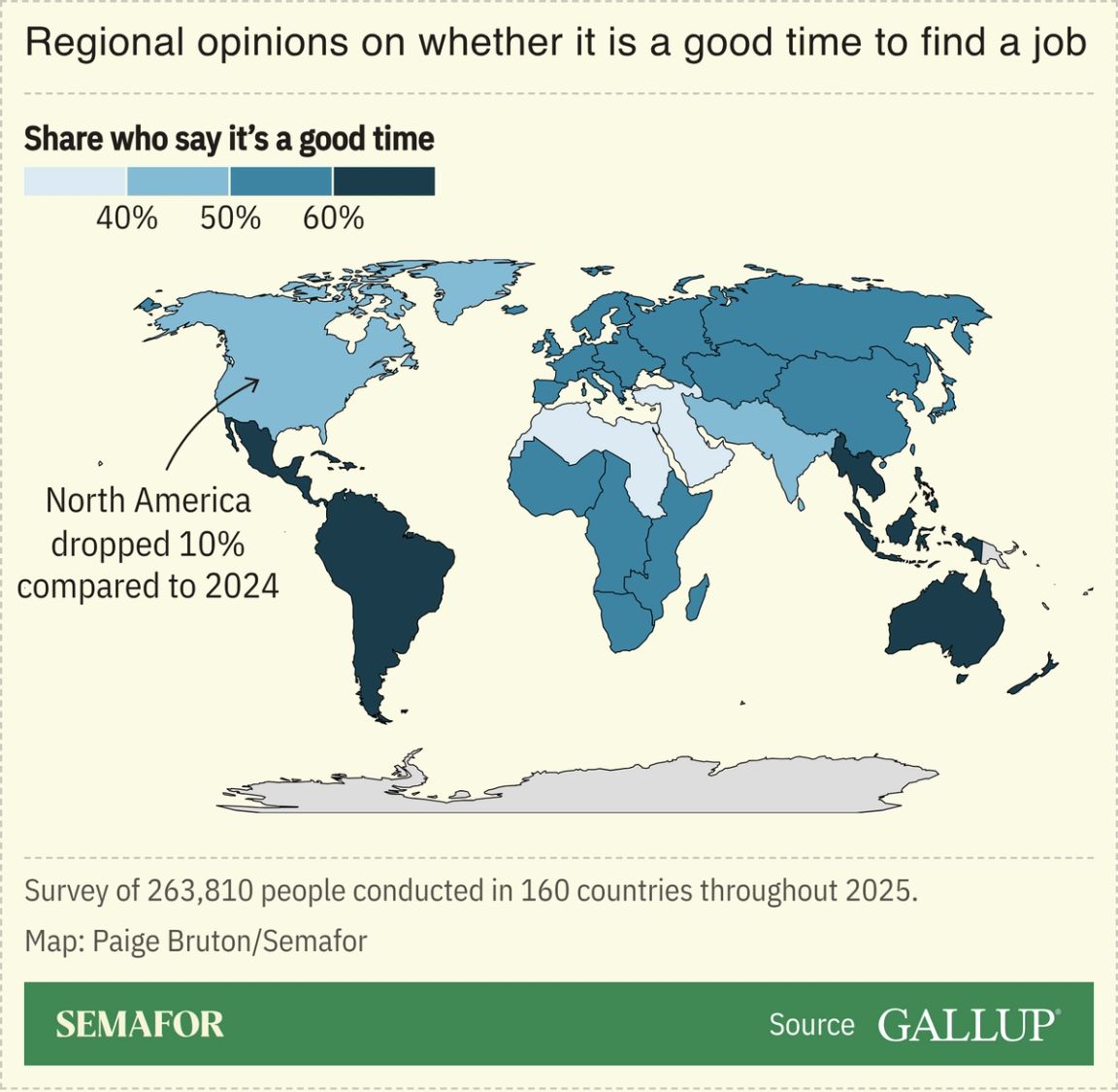 A map showing the share of people around the world who say it’s a good time to find a job.
