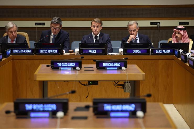 British Prime Minister Andy Burnham attends the Middle East peace event “The Road Ahead: One Year After the New York Declaration and the Comprehensive 20-point Peace Plan” with French President Emmanuel Macron, Canadian Prime Minister Mark Carney, UN Secretary-General Antonio Guterres, and Saudi representative Prince Faisal bin Farhan Al Saud, during the United Nations General Assembly.
