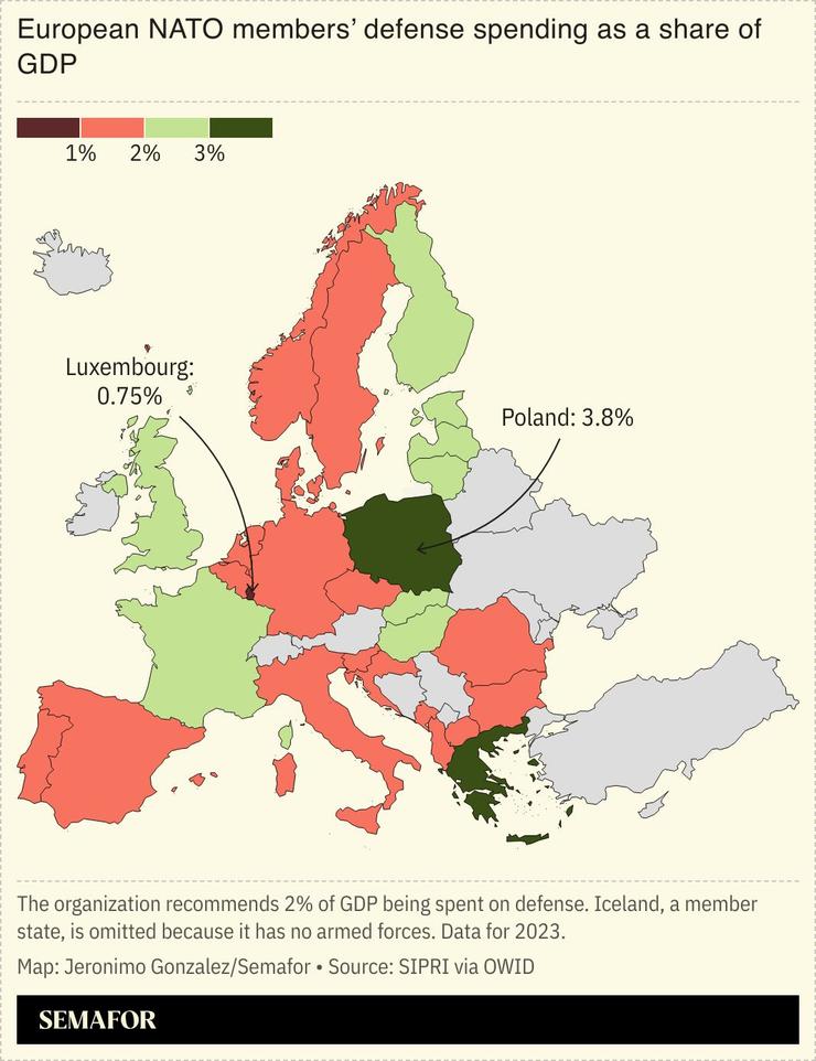 A map showing NATO spending by European countries.