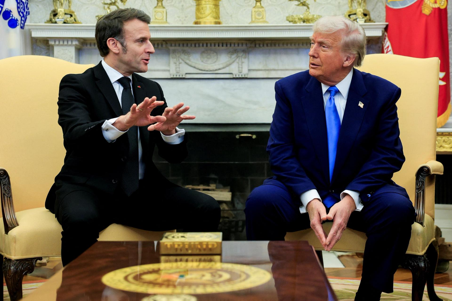 U.S. President Donald Trump meets with French President Emmanuel Macron at the White House in Washington, D.C., U.S.