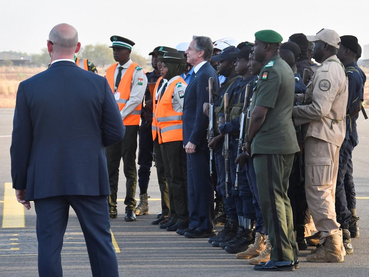 US Secretary of State Antony Blinken poses for a photograph with members of the Niger Defence and Security Forces before departing Niger on Friday.