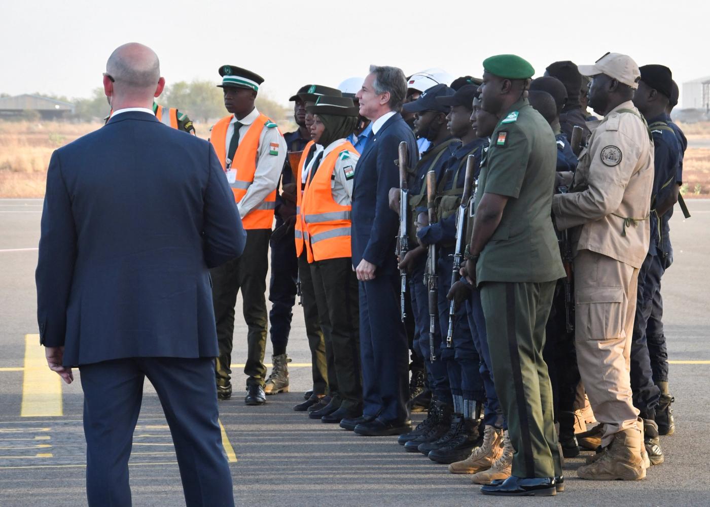 US Secretary of State Antony Blinken poses for a photograph with members of the Niger Defence and Security Forces before departing Niger on Friday.