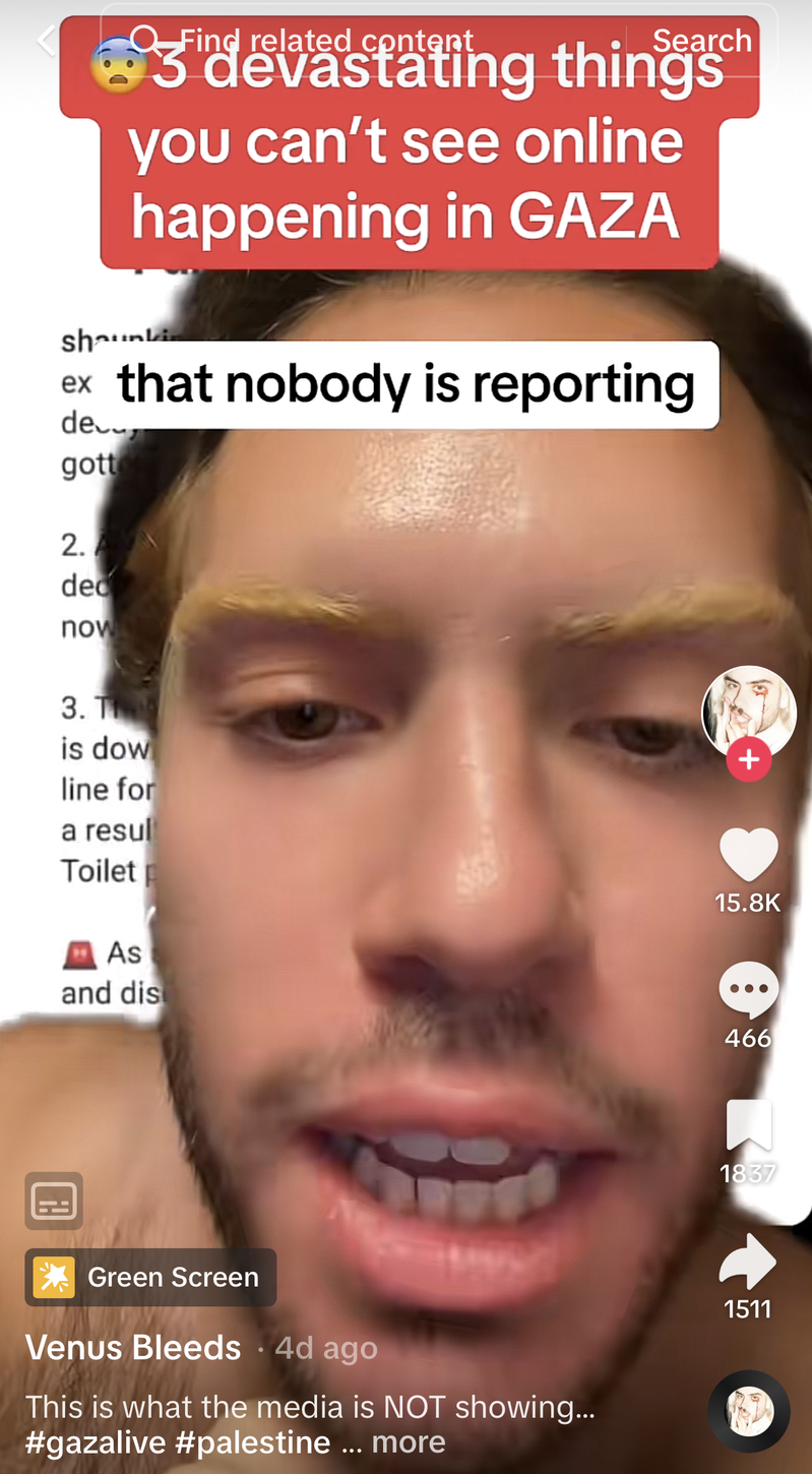 A screenshot of a TikTok stating “3 devastating things you can’t see online happening in GAZA / that nobody is reporting”