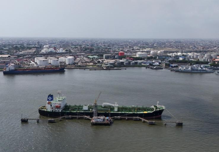 An oil tanker ship anchored on Lagos Lagoon in Nigeria.