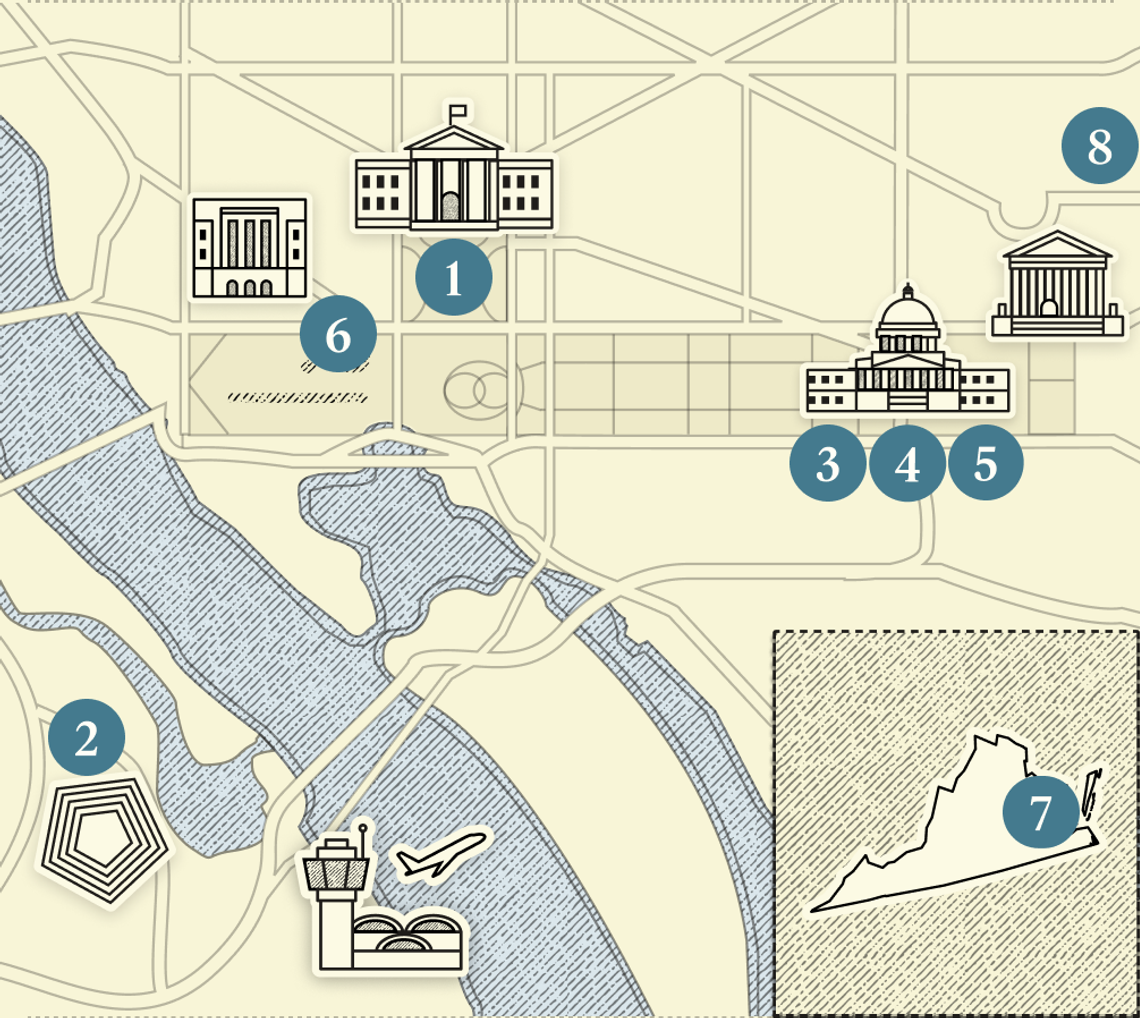 A numbered map of Washington, DC.